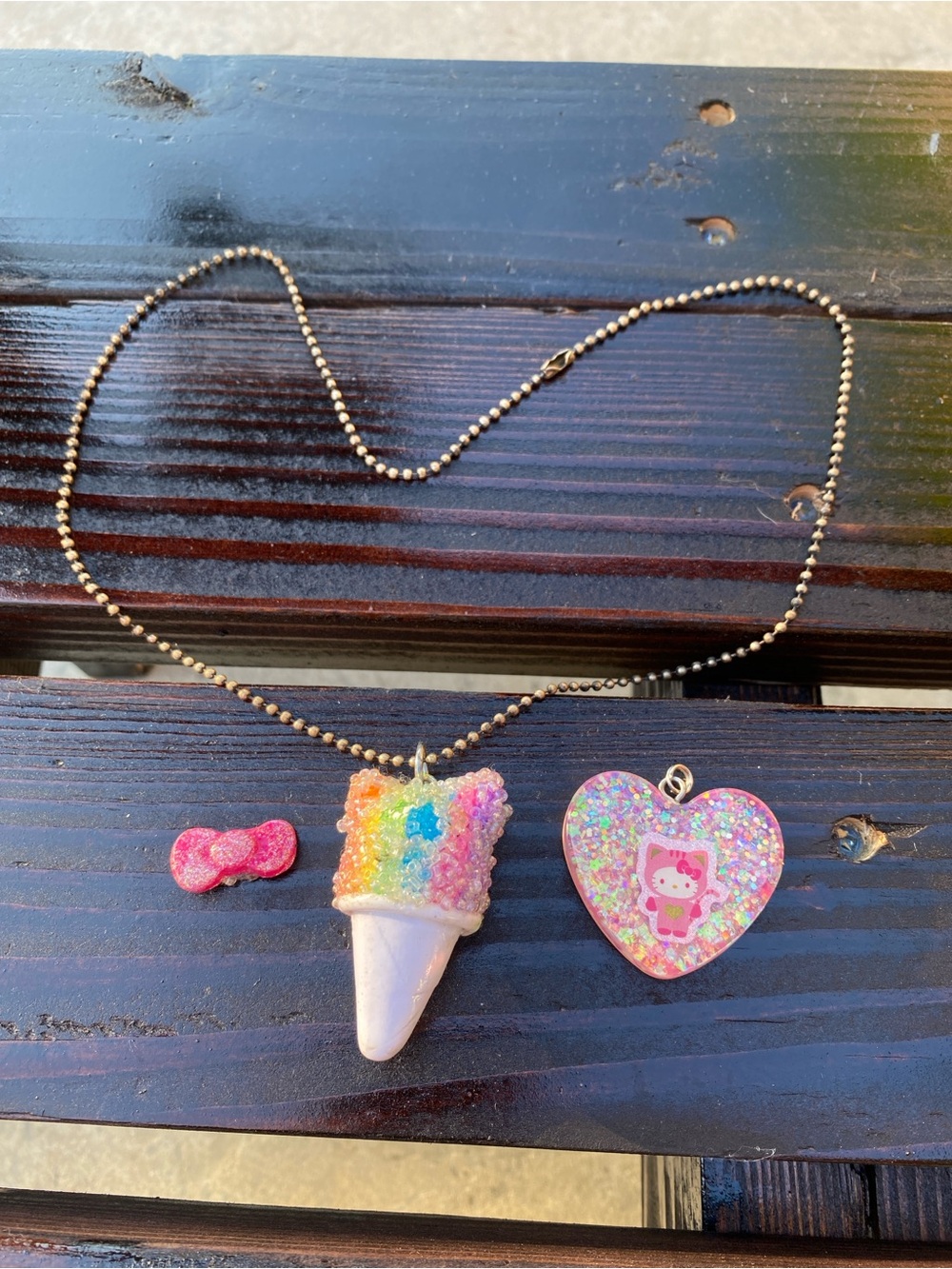 Rainbow shaved ice Pendant Necklace with Pink Hello Kitty Cat Heart Charm